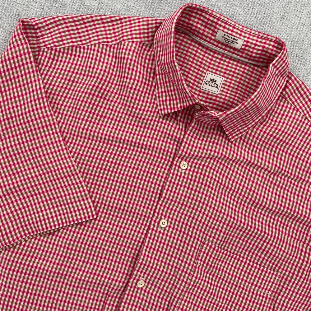 Peter Millar Linen Silk Gingham Button Shirt Men XL Pink White Short Sleeve Ivy